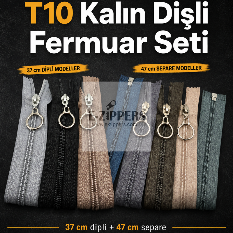 T10 kalın dişli, dayanıklı fermuar seti; 37 ve 47 cm boyutlarında, 10 adet.