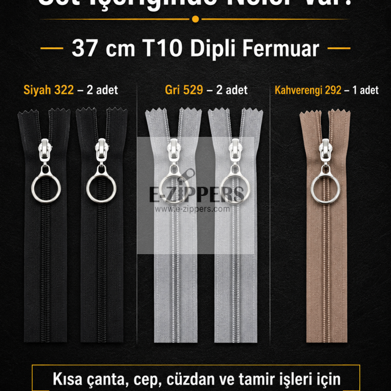 T10 kalın dişli, dayanıklı fermuar seti; 37 ve 47 cm boyutlarında, 10 adet.