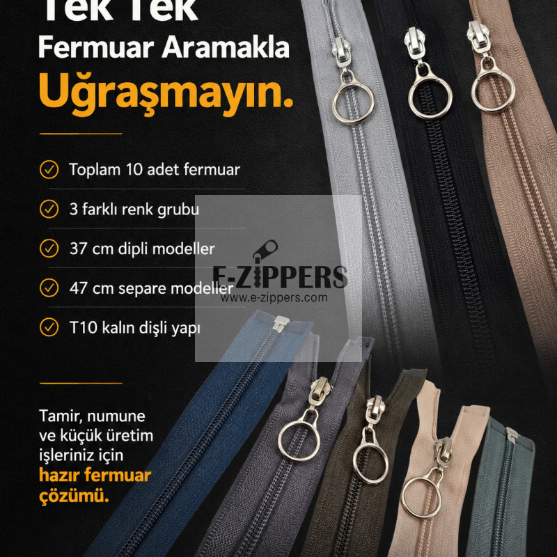 T10 kalın dişli, dayanıklı fermuar seti; 37 ve 47 cm boyutlarında, 10 adet.