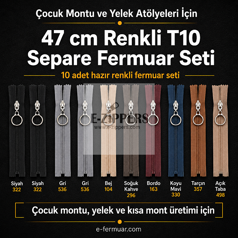 Yelek Atölyeleri ve Çocuk Montu İçin 47 cm Renkli T10 Separe Fermuar Seti – 10 Adet - ST-0007T10