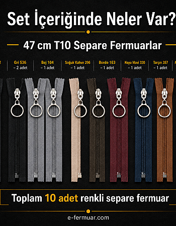 Yelek Atölyeleri ve Çocuk Montu İçin 47 cm Renkli T10 Separe Fermuar Seti – 10 Adet - ST-0007T10