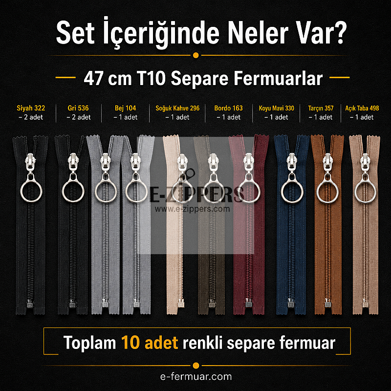 Yelek Atölyeleri ve Çocuk Montu İçin 47 cm Renkli T10 Separe Fermuar Seti – 10 Adet - ST-0007T10