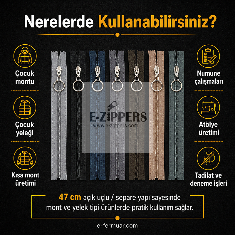 Yelek Atölyeleri ve Çocuk Montu İçin 47 cm Renkli T10 Separe Fermuar Seti – 10 Adet - ST-0007T10