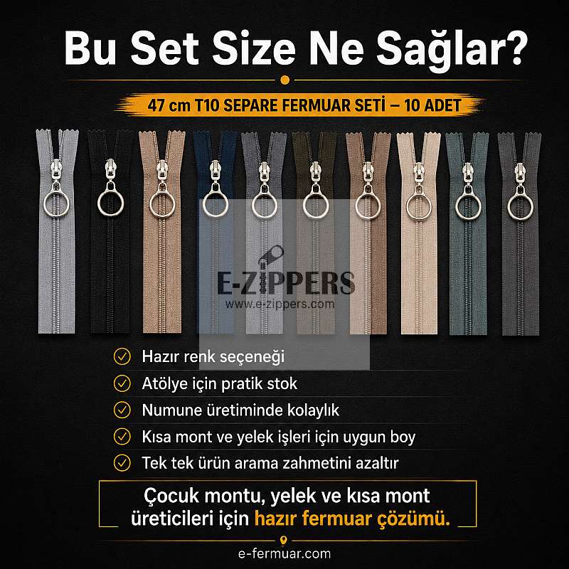 Yelek Atölyeleri ve Çocuk Montu İçin 47 cm Renkli T10 Separe Fermuar Seti – 10 Adet - ST-0007T10