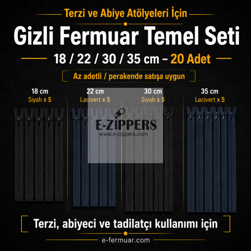 Çeşitli boyutlarda 20 adet gizli fermuar içeren set, terzi ve abiye ürünler için ideal.