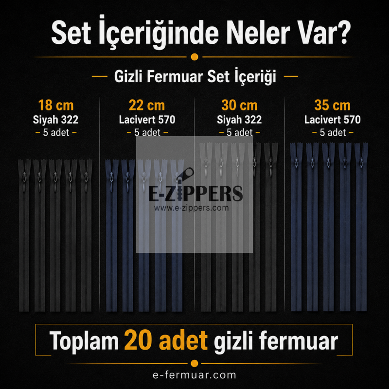 Çeşitli boyutlarda 20 adet gizli fermuar içeren set, terzi ve abiye ürünler için ideal.
