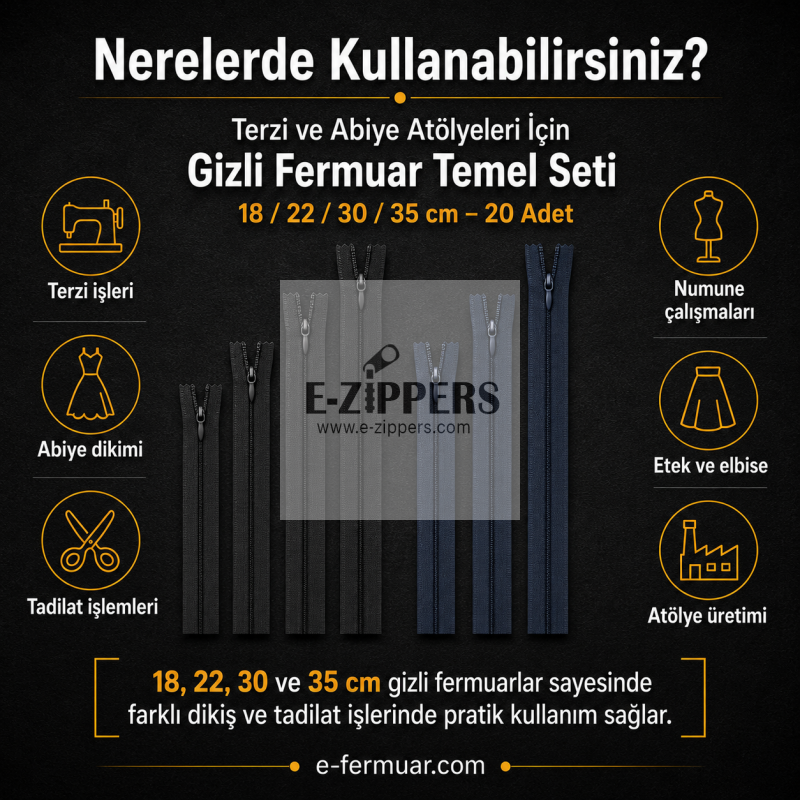 Çeşitli boyutlarda 20 adet gizli fermuar içeren set, terzi ve abiye ürünler için ideal.