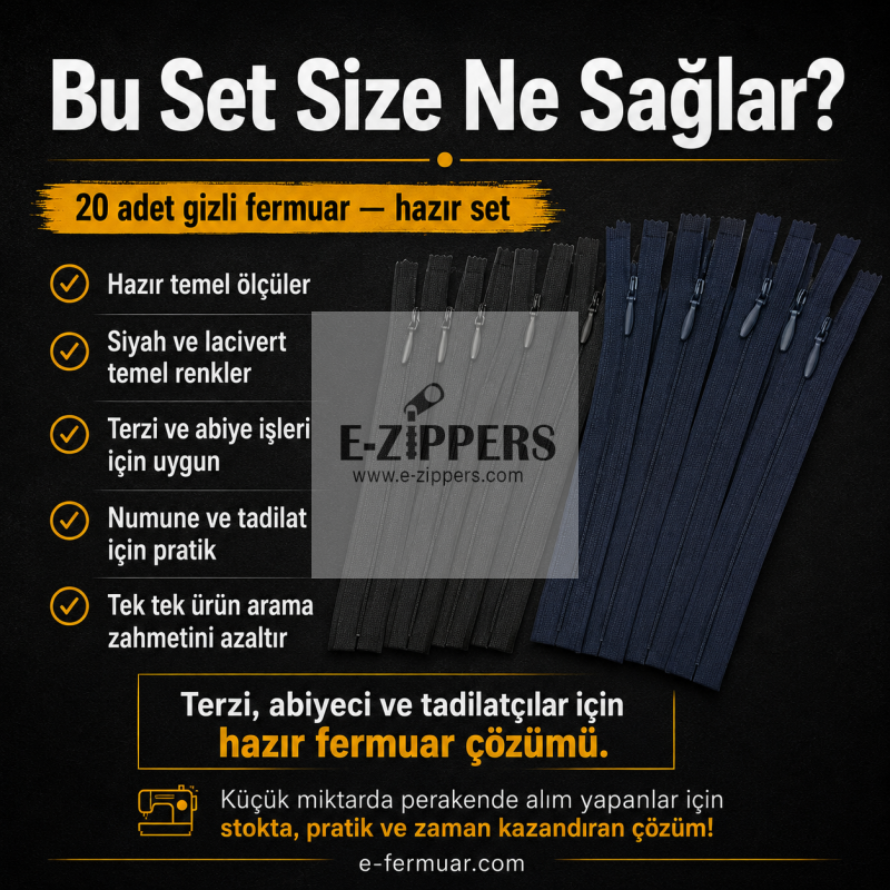 Çeşitli boyutlarda 20 adet gizli fermuar içeren set, terzi ve abiye ürünler için ideal.