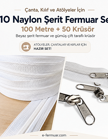 Atölyeler ve Çanta, Kılıf İçin T10 Naylon Şerit Fermuar Seti – 100 Metre + 50 Krüsör- ST-0009T10-100M50C