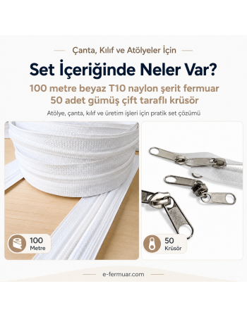 100 Metre T10 Naylon Şerit Fermuar + 50 Kürsör Atölye Paketi ST-0009T10-100M50C