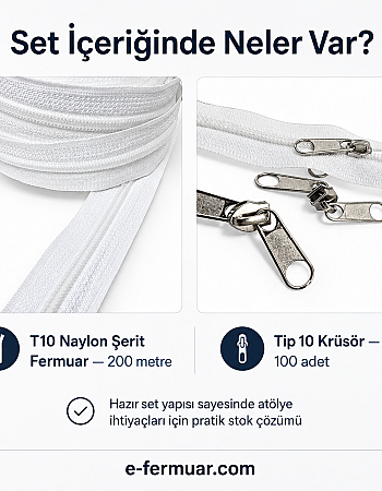 Atölye, Çanta ve Kılıf Üretimi İçin Tip 10 Naylon Şerit Fermuar Seti – 200 Metre + 100 Kürsör ST-0009T10-200M100C