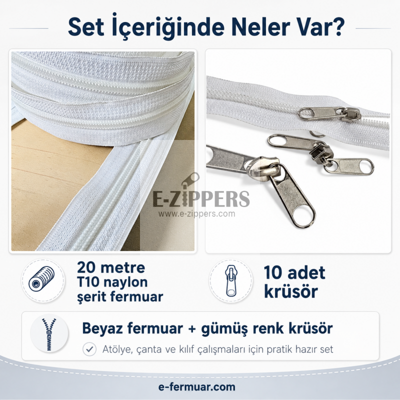 #5 nylon tape zipper set ideal for various projects, 20 meters (about 22 yards) long with 10 sliders included.