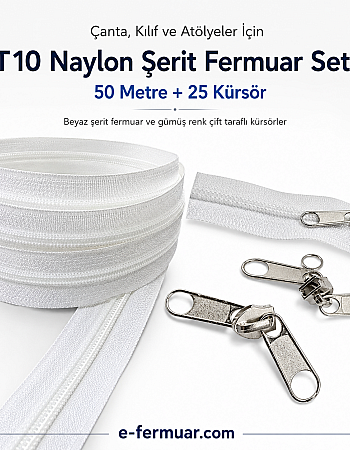 Atölye, Çanta ve Kılıf İşleri İçin Tip 10 Naylon Şerit Fermuar Seti – 50 Metre + 25 Kürsör ST-0009T10-50M25C