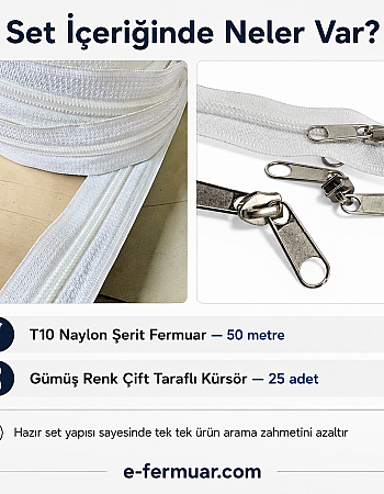 Atölye, Çanta ve Kılıf İşleri İçin Tip 10 Naylon Şerit Fermuar Seti – 50 Metre + 25 Kürsör ST-0009T10-50M25C