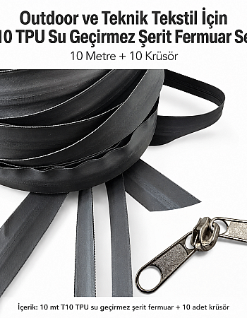 Teknik Tekstil ve Outdoor İçin T10 TPU Su Geçirmez Şerit Fermuar Seti – 10 Metre + 10 krüsör- ST-0010