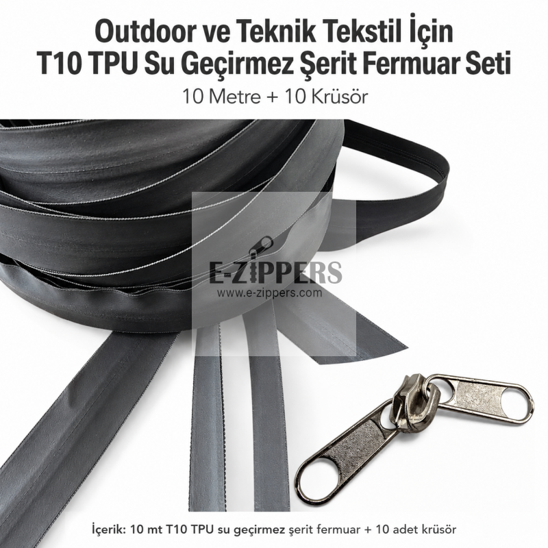 10 Metre T10 TPU Şerit Fermuar ve 10 Kürsör Seti