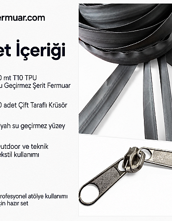 Teknik Tekstil ve Outdoor İçin T10 TPU Su Geçirmez Şerit Fermuar Seti – 10 Metre + 10 krüsör- ST-0010