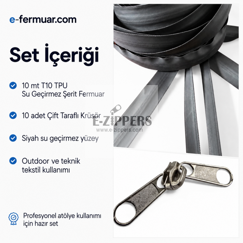 10 Metre T10 TPU Şerit Fermuar ve 10 Kürsör Seti