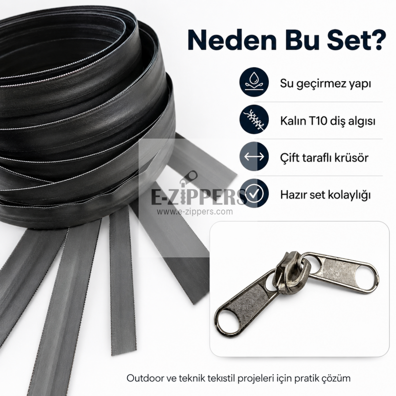 10 Metre T10 TPU Şerit Fermuar ve 10 Kürsör Seti