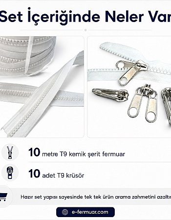 T9 Kemik Şerit Fermuar Seti – Çadır, Branda ve Örtü Onarımı İçin 10 Metre + 10 Kürsör ST-0012