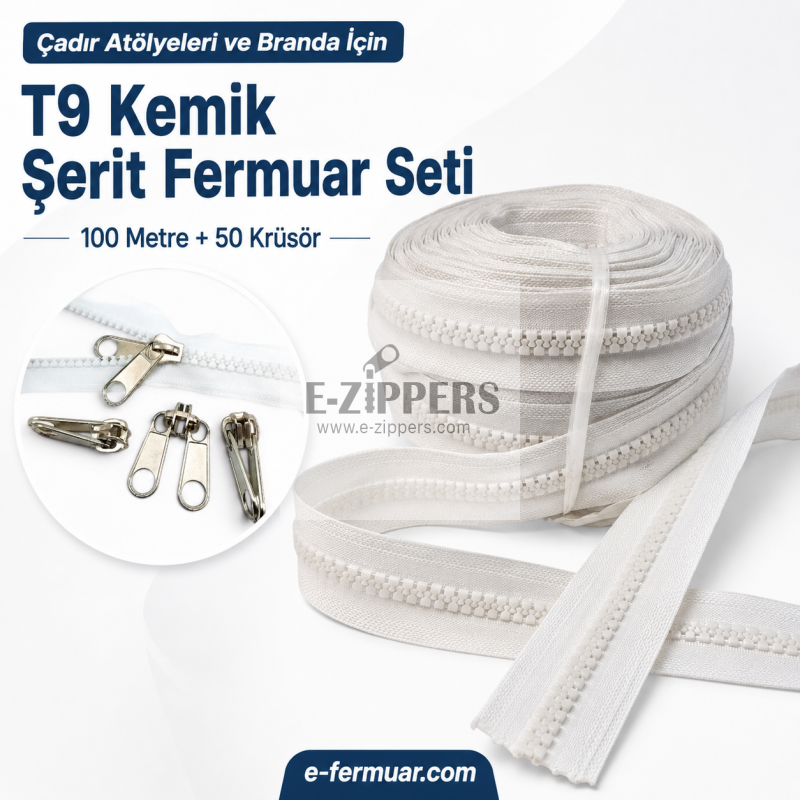 Set of #3 molded plastic zippers on tape, 100 meters long with 50 sliders, ideal for professional use.
