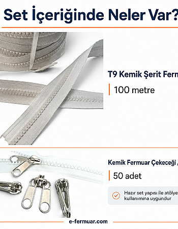 Çadır Atölyeleri ve Branda İçin T9 Kemik Şerit Fermuar Seti – 100 Metre + 50 Krüsör- ST-0012T9-100M50K