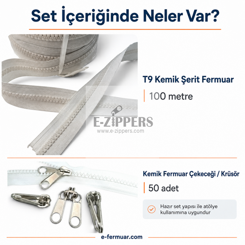 Set of #3 molded plastic zippers on tape, 100 meters long with 50 sliders, ideal for professional use.