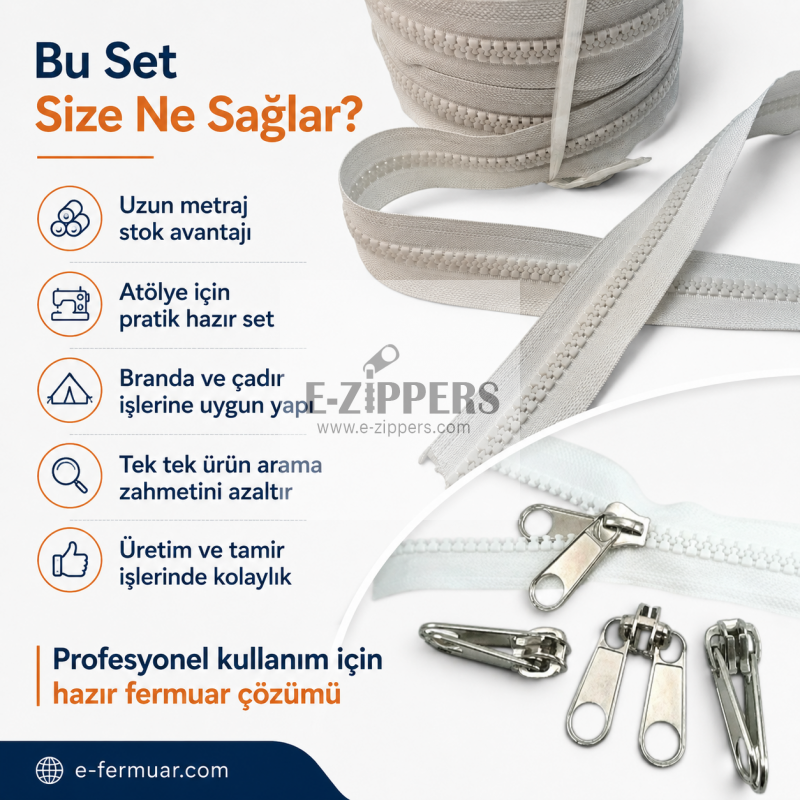 Set of #3 molded plastic zippers on tape, 100 meters long with 50 sliders, ideal for professional use.