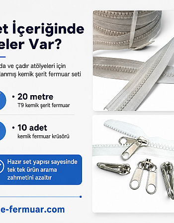 Çadır Atölyeleri ve Branda İçin T9 Kemik Şerit Fermuar Seti – 20 Metre + 10 Krüsör- ST-0012T9-20M10K