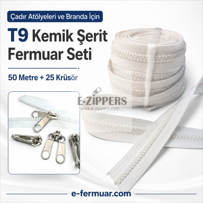 Ideal for tarp and tent construction, 50-meter-long #3 molded plastic zipper tape with 25 sliders set.