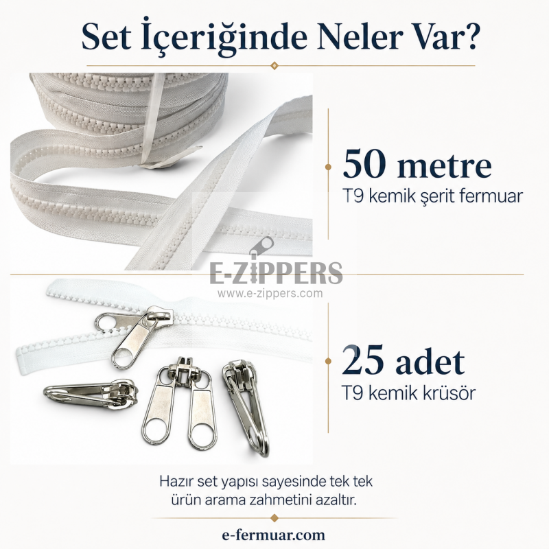 Ideal for tarp and tent construction, 50-meter-long #3 molded plastic zipper tape with 25 sliders set.