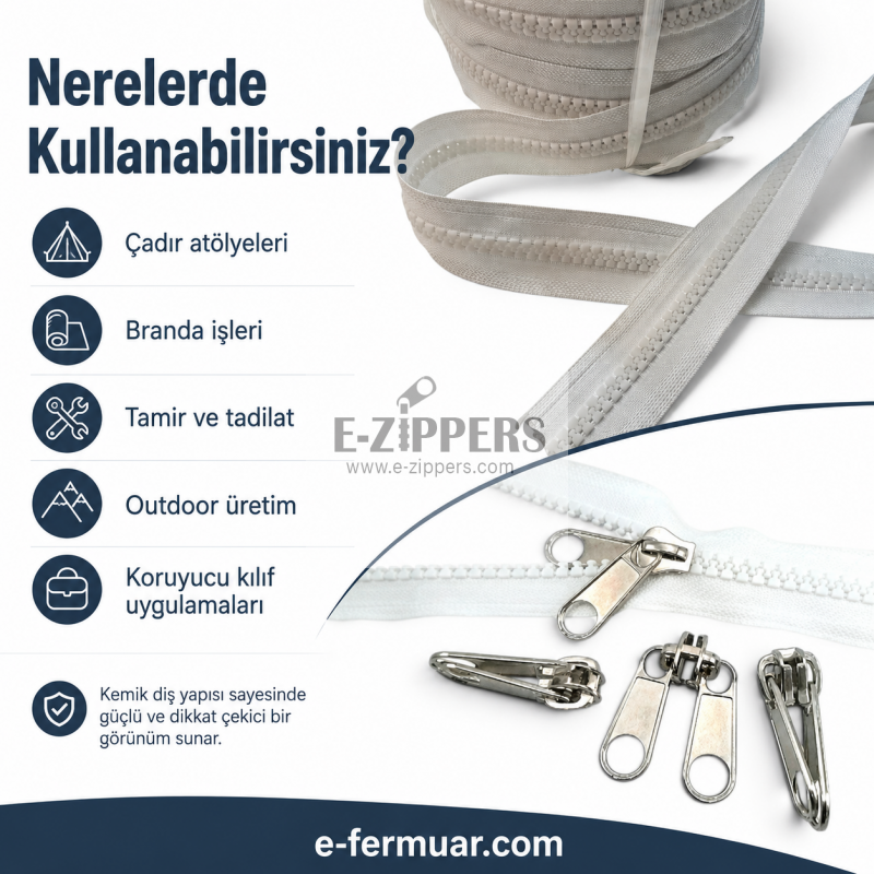 Ideal for tarp and tent construction, 50-meter-long #3 molded plastic zipper tape with 25 sliders set.