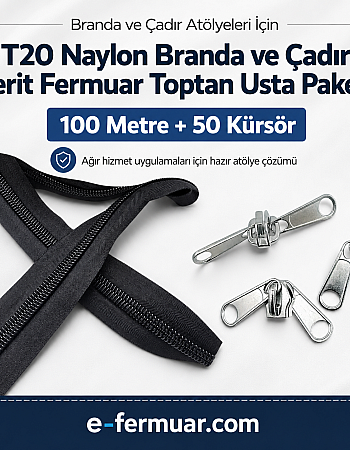 Çadır Atölyeleri ve Branda İçin T20 Naylon Şerit Fermuar Seti – 100 Metre + 50 Krüsör - ST-0013T20-100M50C