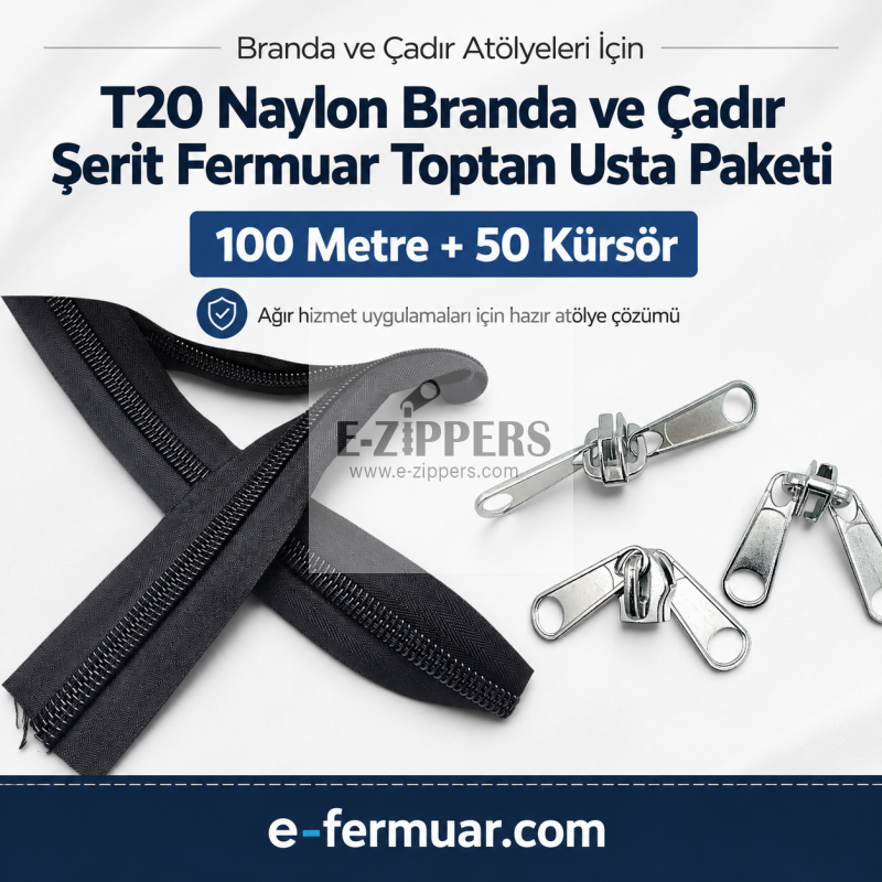 Yüksek kaliteli naylon T20 fermuar, 100m uzunlukta şerit ve 50 krüsör içerir.