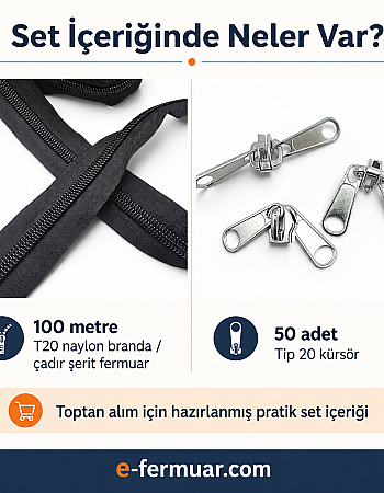 Çadır Atölyeleri ve Branda İçin T20 Naylon Şerit Fermuar Seti – 100 Metre + 50 Krüsör - ST-0013T20-100M50C