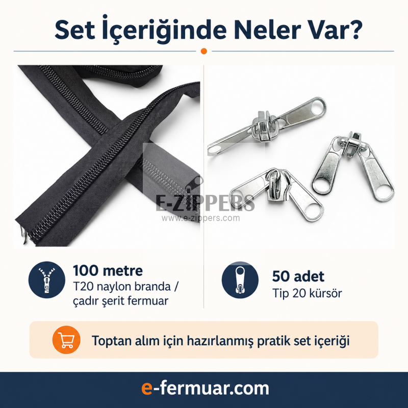Yüksek kaliteli naylon T20 fermuar, 100m uzunlukta şerit ve 50 krüsör içerir.