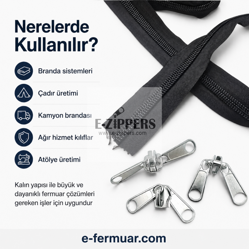 Yüksek kaliteli naylon T20 fermuar, 100m uzunlukta şerit ve 50 krüsör içerir.
