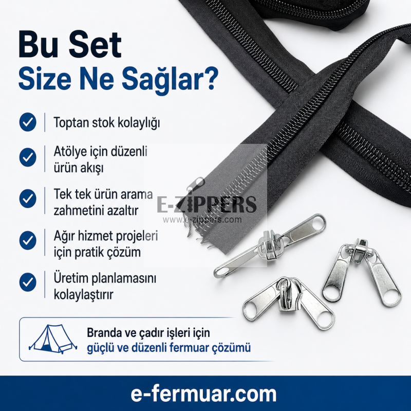 Yüksek kaliteli naylon T20 fermuar, 100m uzunlukta şerit ve 50 krüsör içerir.