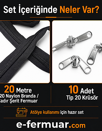 Çadır, Branda ve Tente İşleri İçin Tip 20 Naylon Şerit Fermuar Seti – 20 Metre + 10 Kürsör ST-0013T20-20M10C
