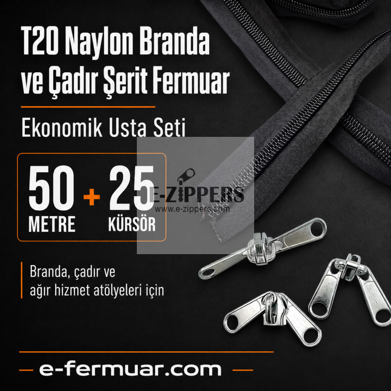 Çadır ve Branda Atölyeleri İçin Tip 20 Naylon Şerit Fermuar Seti – 50 Metre + 25 Kürsör ST-0013T20-50M25C