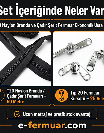Çadır ve Branda Atölyeleri İçin Tip 20 Naylon Şerit Fermuar Seti – 50 Metre + 25 Kürsör ST-0013T20-50M25C