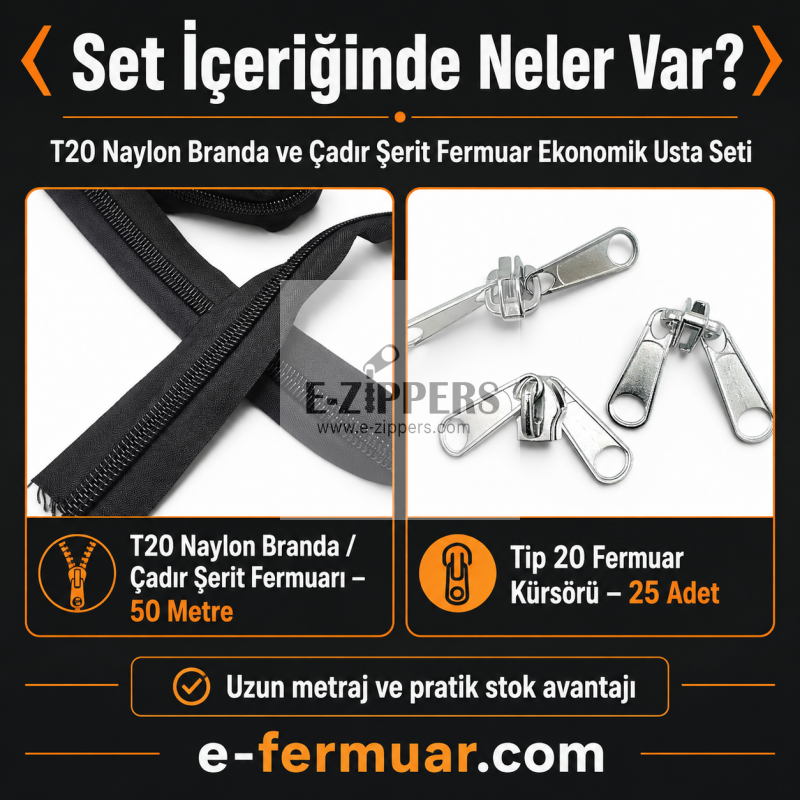 Çadır ve Branda Atölyeleri İçin Tip 20 Naylon Şerit Fermuar Seti – 50 Metre + 25 Kürsör ST-0013T20-50M25C