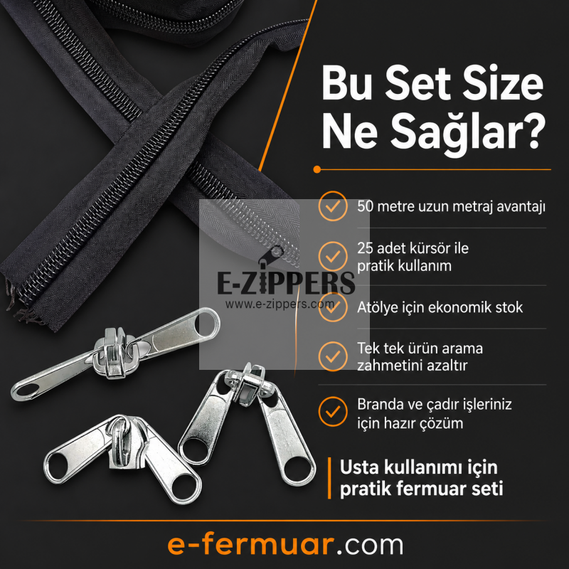 Çadır ve Branda Atölyeleri İçin Tip 20 Naylon Şerit Fermuar Seti – 50 Metre + 25 Kürsör ST-0013T20-50M25C
