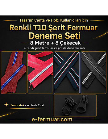 8 Metre Renkli T10 Naylon Şerit Fermuar + 8 Kürsör Deneme Seti ST-0014