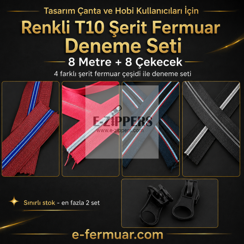 8 metre karışık renkli T10 metraj fermuar ve 8 kürsör seti