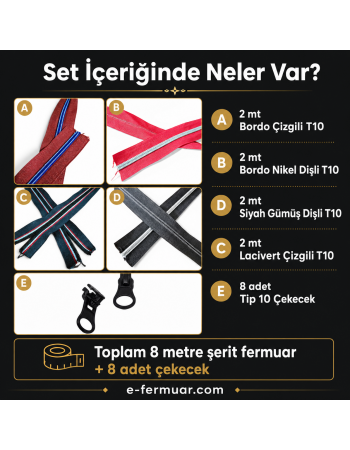 8 Metre Renkli T10 Naylon Şerit Fermuar + 8 Kürsör Deneme Seti ST-0014