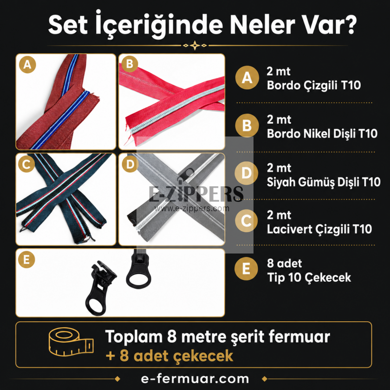 8 metre karışık renkli T10 metraj fermuar ve 8 kürsör seti