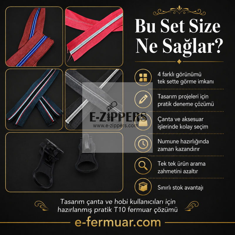 8 metre karışık renkli T10 metraj fermuar ve 8 kürsör seti
