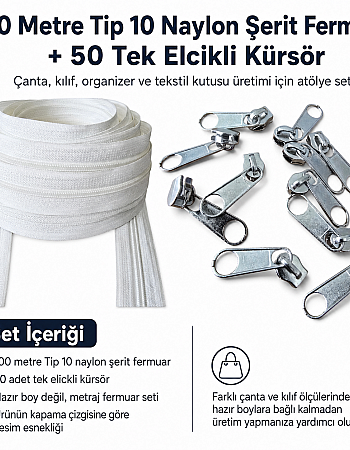 Tip 10 Naylon Şerit Fermuar Üretim Seti – 100 Metre + 50 Tek Elcikli Kürsör ST-T10T-NAYLON-100M50C
