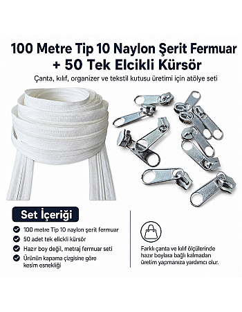 Tip 10 Naylon Şerit Fermuar Üretim Seti – 100 Metre + 50 Tek Elcikli Kürsör ST-T10T-NAYLON-100M50C